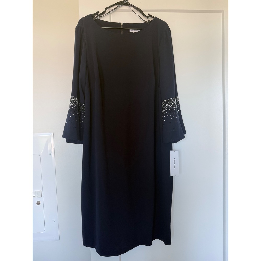 Calvin Klein Navy Blue Rhinestone Bell Sleeve Sheath Dress 20W CX4CC3D8